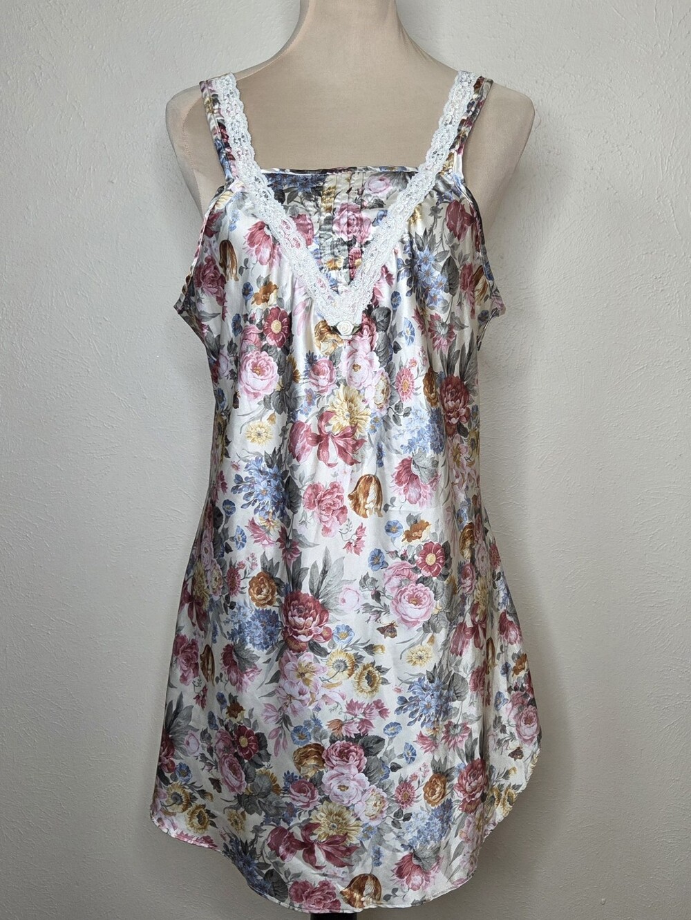 Vintage 90s Floral Satin Lace Trim Chemise Slip Dress Medium Cottagecore